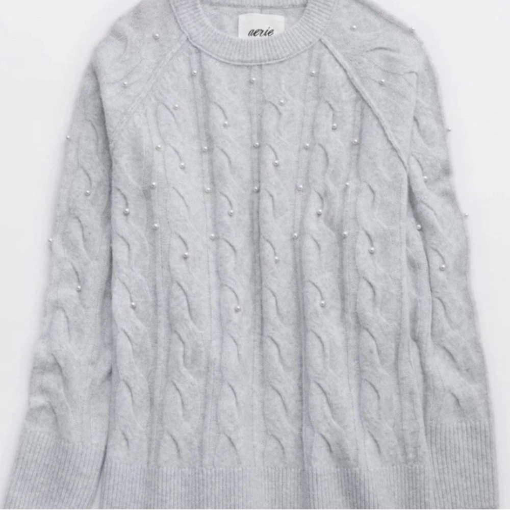 aerie Light Gray Pearl-Embellished Cable Knit Crewneck Sweater M - Picture 4 of 9